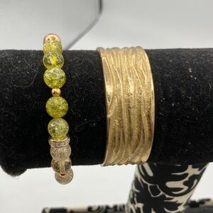 Rustic Cuff Gold Textured Cuff and Yellow Beaded Stretch Bracelet